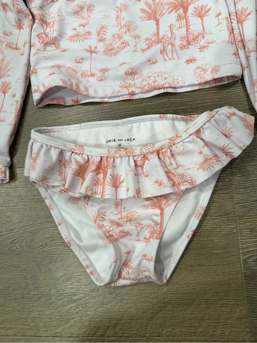 Janie & Jack Rashguard Shirt & Bottoms Ruffle Swimsuit Safari Animals Pink White